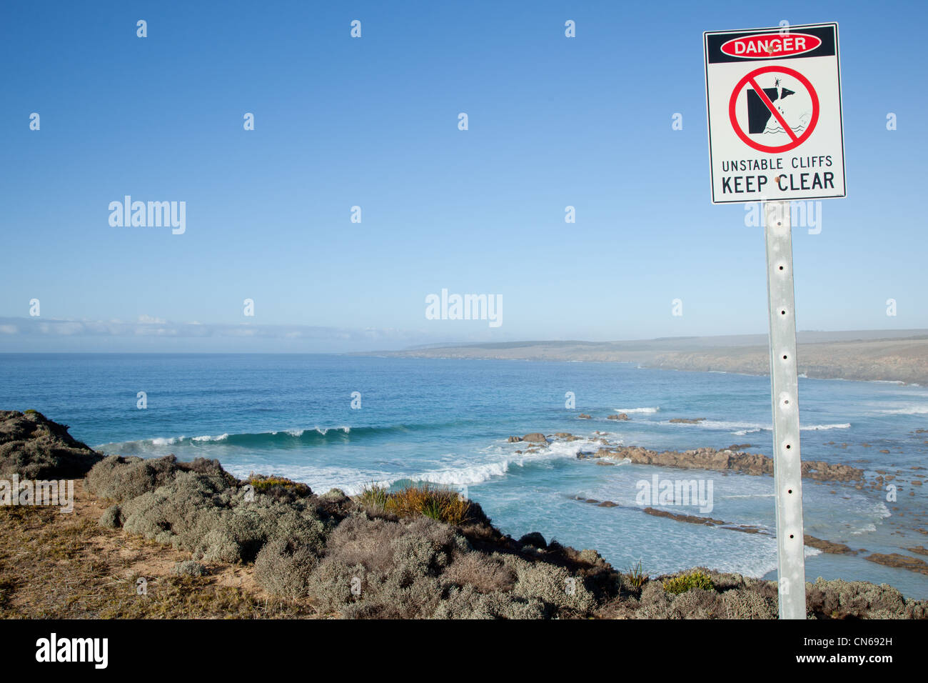 Unstable cliff warning sign. Sleaford Bay. Eyre Peninsula South Australia Stock Photo