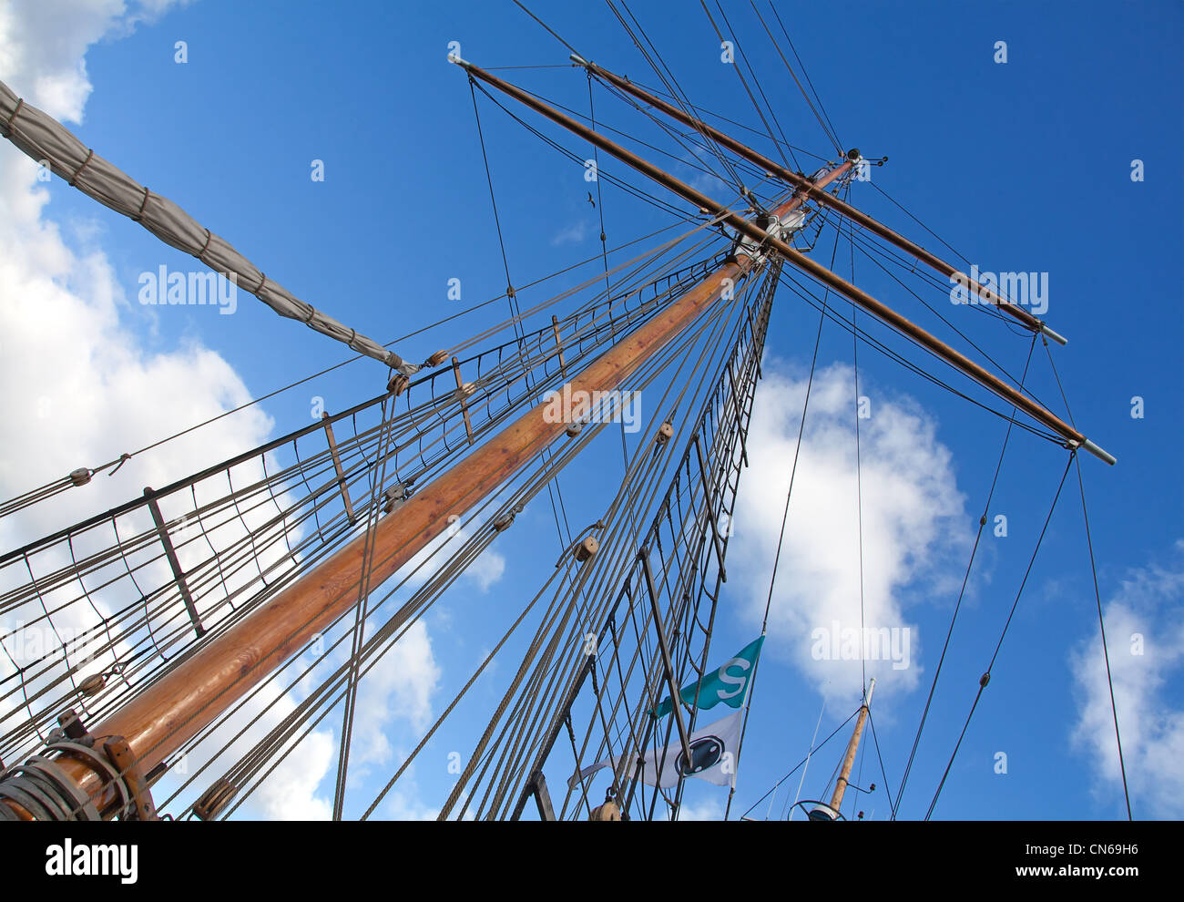 Upwards view of the old ship's masts Stock Photo