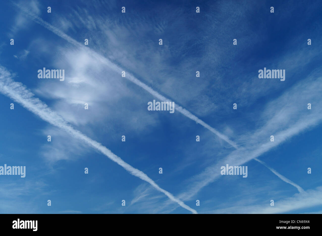 Cirrus Clouds & Contrails on Spring Afternoon over Chard,Somerset Stock Photo