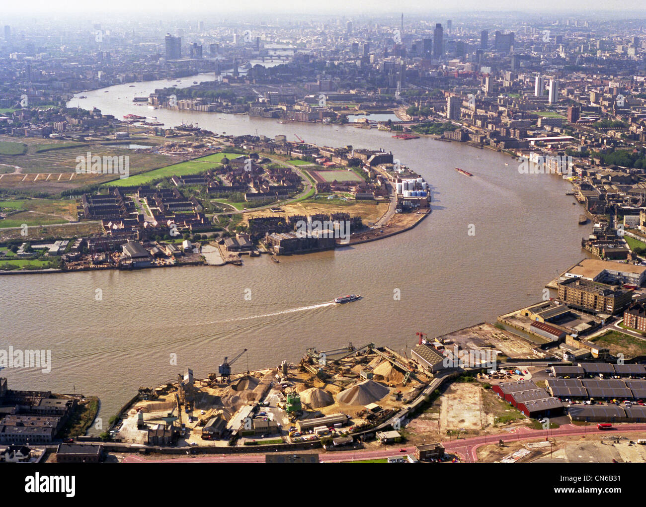 rare historic aerial view of the London Skyline from Canary Wharf taken in September 1984 Stock Photo