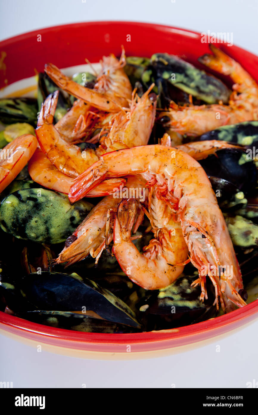 Cooked prawns and mussels. South Australia. Stock Photo