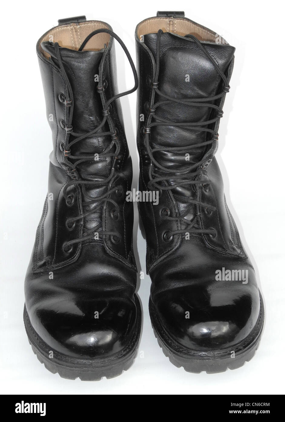 A pair of well cared for military boots - army polished. From the archives of Press Portrait Service (formerly Press Portrait Bureau) Stock Photo