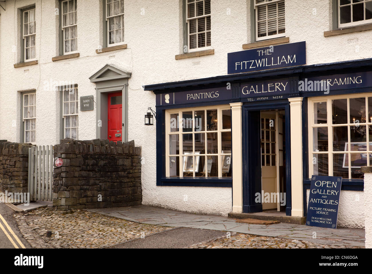 UK, Cumbria, Lake District, Hawkshead, The Square, Fitzwilliam art gallery and antiques shop Stock Photo