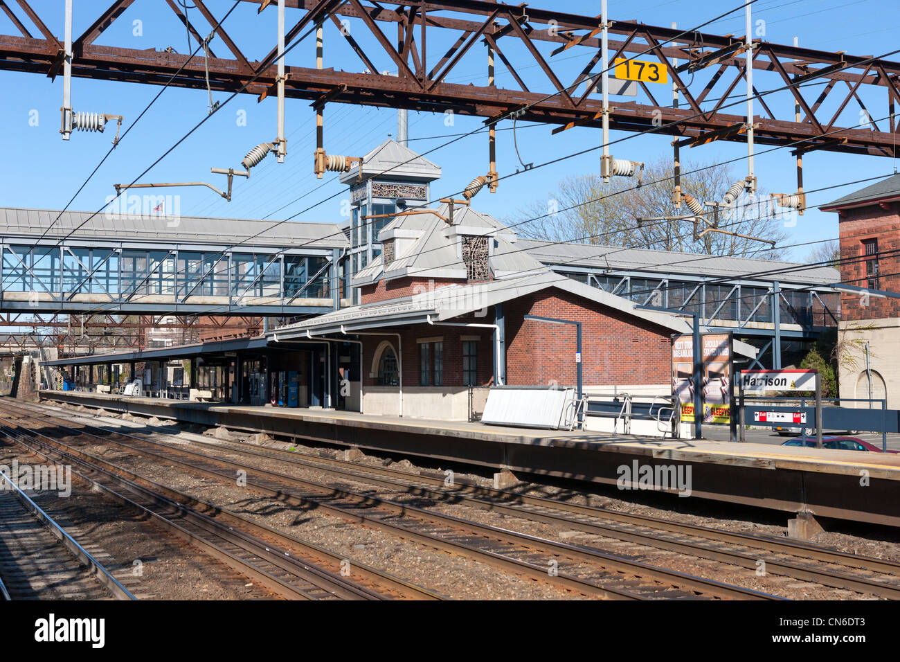 The Metro-North New Haven Line train station and tracks in Harrison, New York. Stock Photo