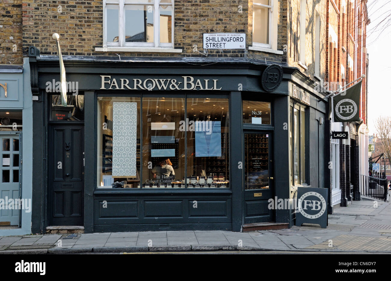 Farrow & Ball smart paint shop corner of Shillingford Street and Cross Street Islington London England UK Stock Photo