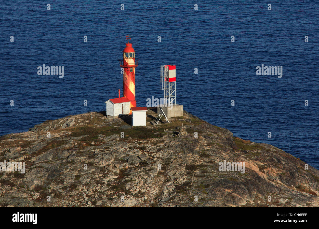 Aerial photo of the Bacalhao Island Lighthouse, Newfoundland, Canada Stock Photo