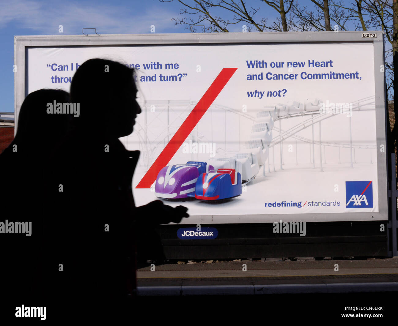 J C Decaux, axa advertising poster hoarding billboard, North East London, UK Stock Photo
