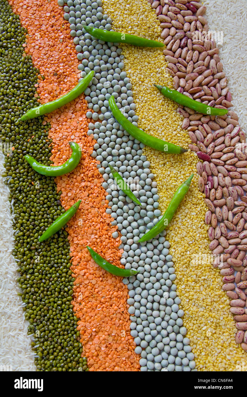 colorful striped rows of dry beans, legumes, peas, lentils Stock Photo