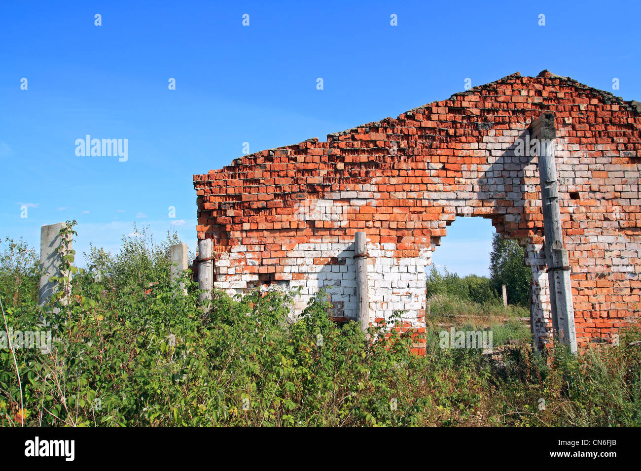 red brick destroyed building amongst green herb Stock Photo
