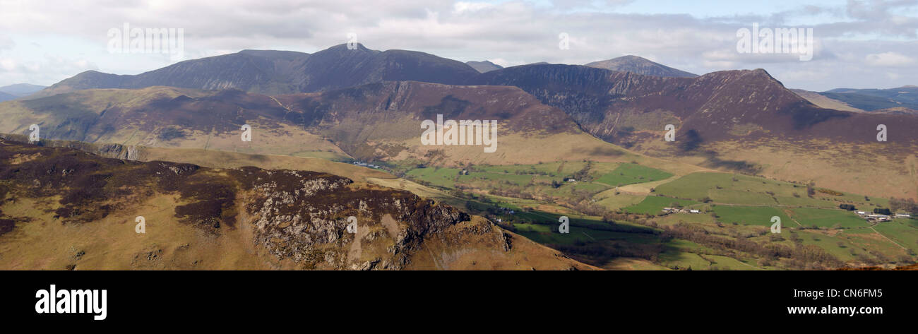 Cumbrian landscape with the sunlit Newlands valley surrounded by the Derwent Fells Stock Photo