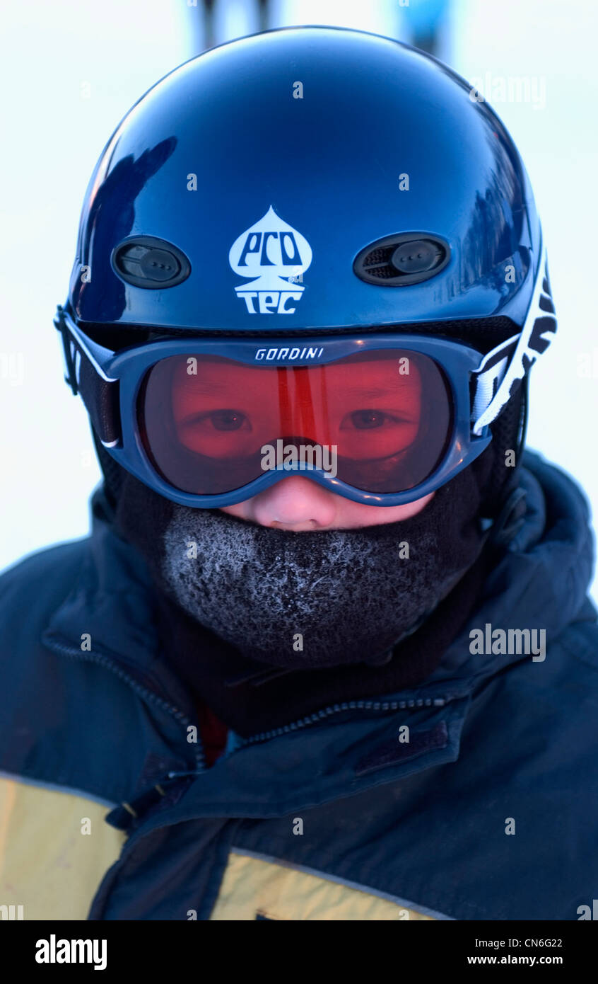 Boy wearing Ski Goggles and Helmet Stock Photo Alamy