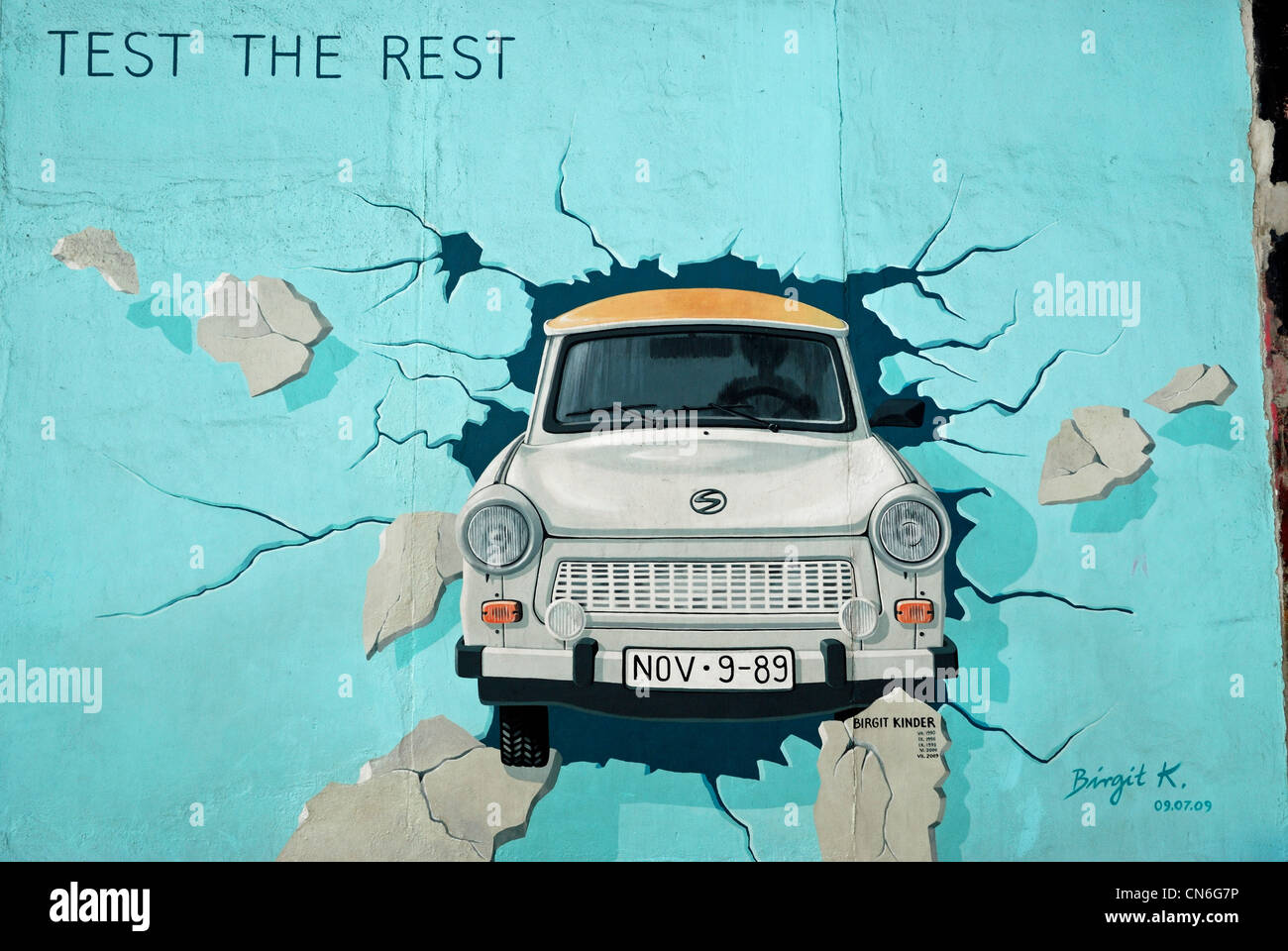 Birgit Kinder's 'Test the Rest' on the Berlin Wall at the East Side Gallery, Berlin, Germany. Stock Photo