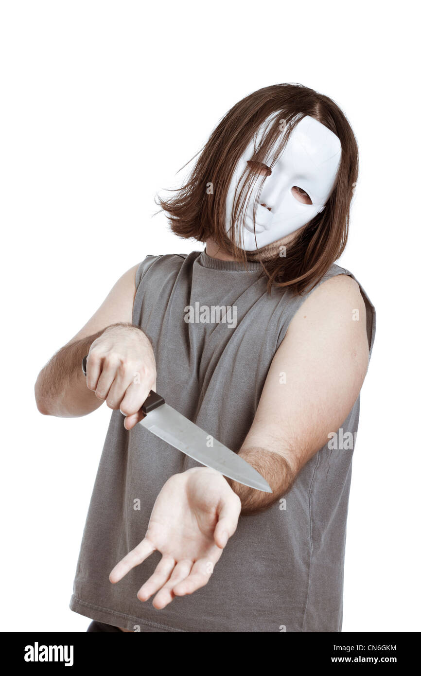 Scary masked psycho man attempting suicide, isolated on white background  Stock Photo - Alamy
