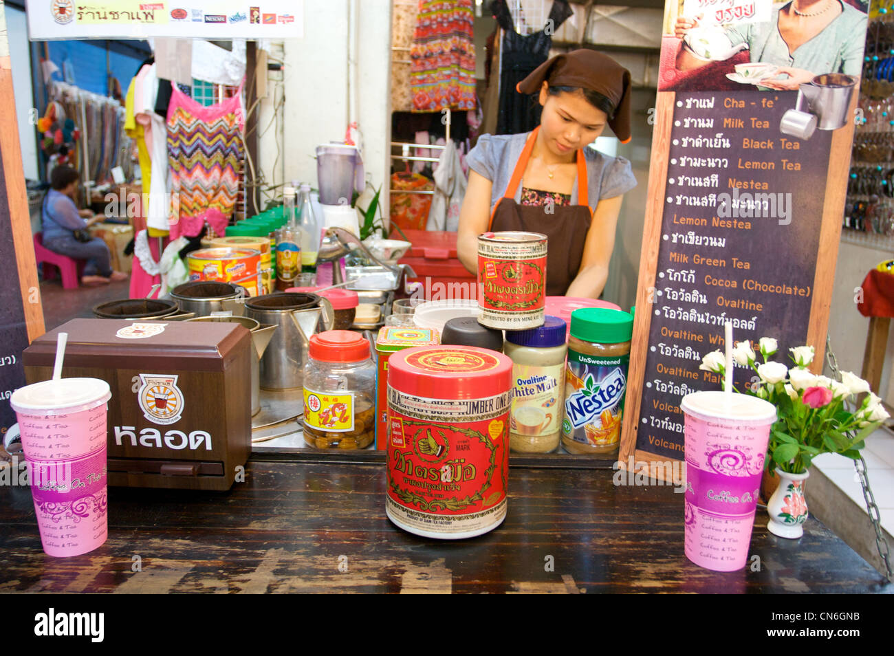 young lady selling tea and coffee, chafe store, local market, kad kuang