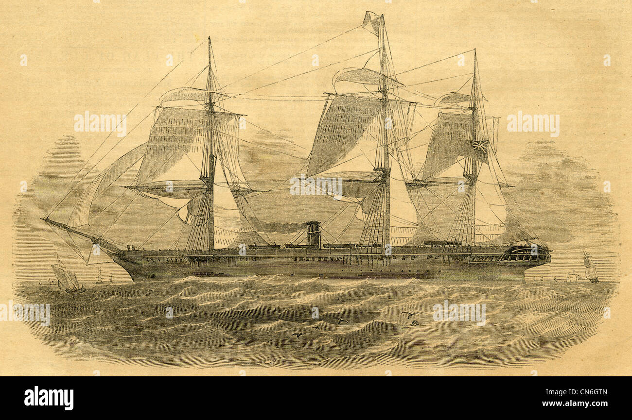 1854 engraving, The Himalaya—the largest steamship in the world. Stock Photo