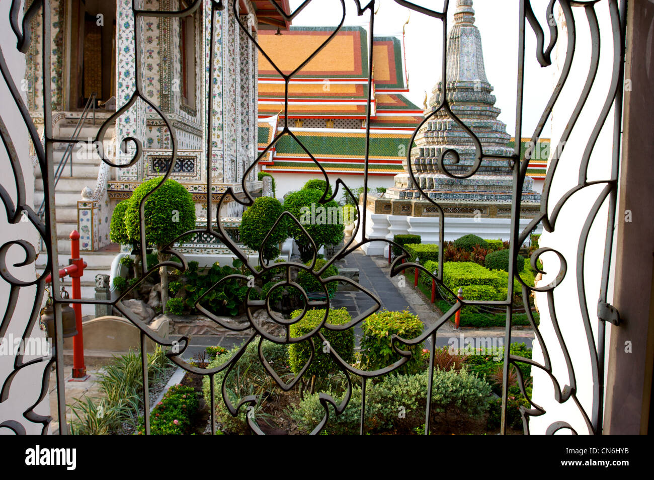 Wat arun temple Bangkok, bonsia in the garden pagoda at rear bangkok,Thailand Stock Photo