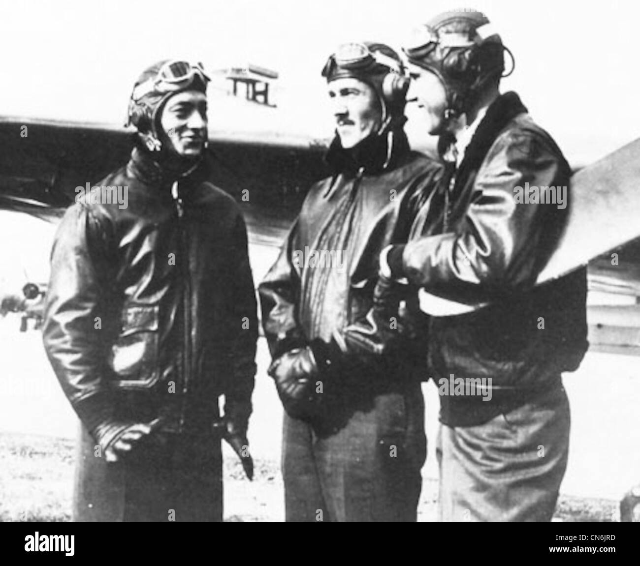 Maj John L. Smith, LtCol Richard C. Mangrum, and Capt Marion E. Carl pose for photos after returning to the States after service in the Cactus Air Force at Guadalcanal in 1942. LtCol Mangrum commanded an SBD squadron at the height of the Cactus campaign and was universally admired. he eventually attained the rank of lieutenant general, while Marion Carol retired as a major general after fighting in three wars--World War II, the Korean War, and the Vietnam War. Stock Photo