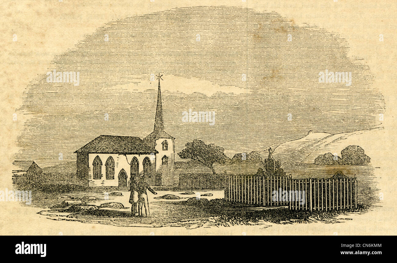 1854 engraving, Waimati Church (an English colonial structure) and Burial Place of British Officers. Stock Photo