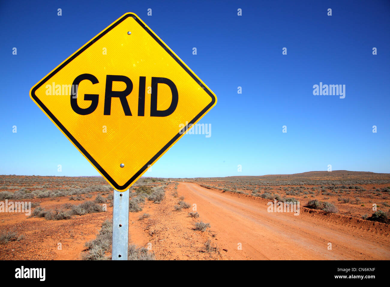 Cattle grid warning sign. Outback. South Australia. Stock Photo