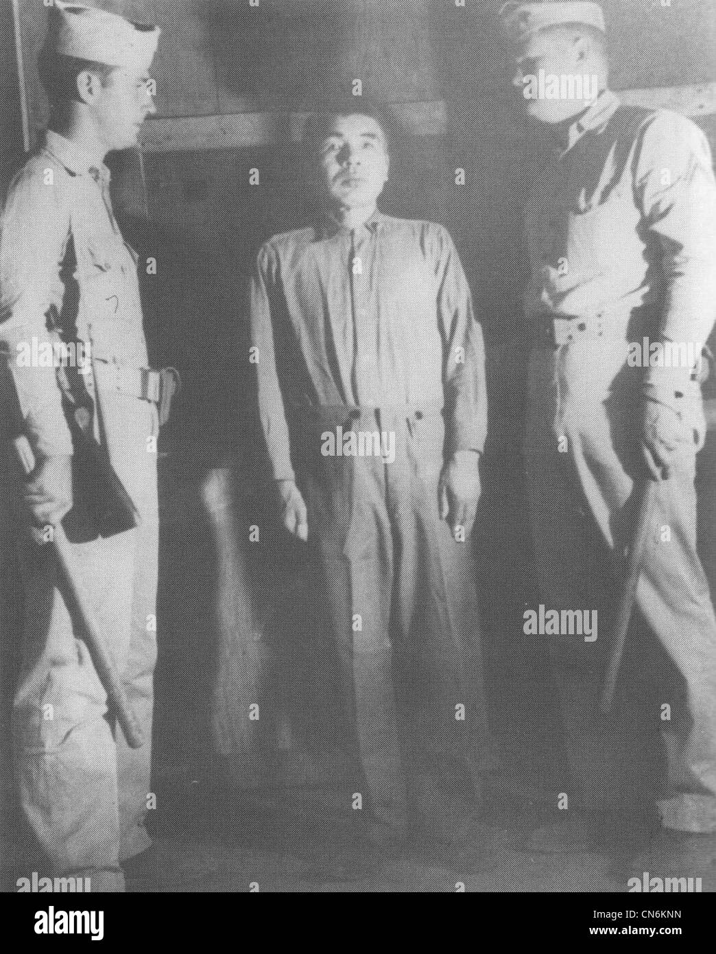 Former Japanese Vice Admiral Koso Abe at the war crimes trial on Guam sometime before his execution in 1947 for the execution of the nine U.S. Marines left behind after the Makin Raid. Stock Photo