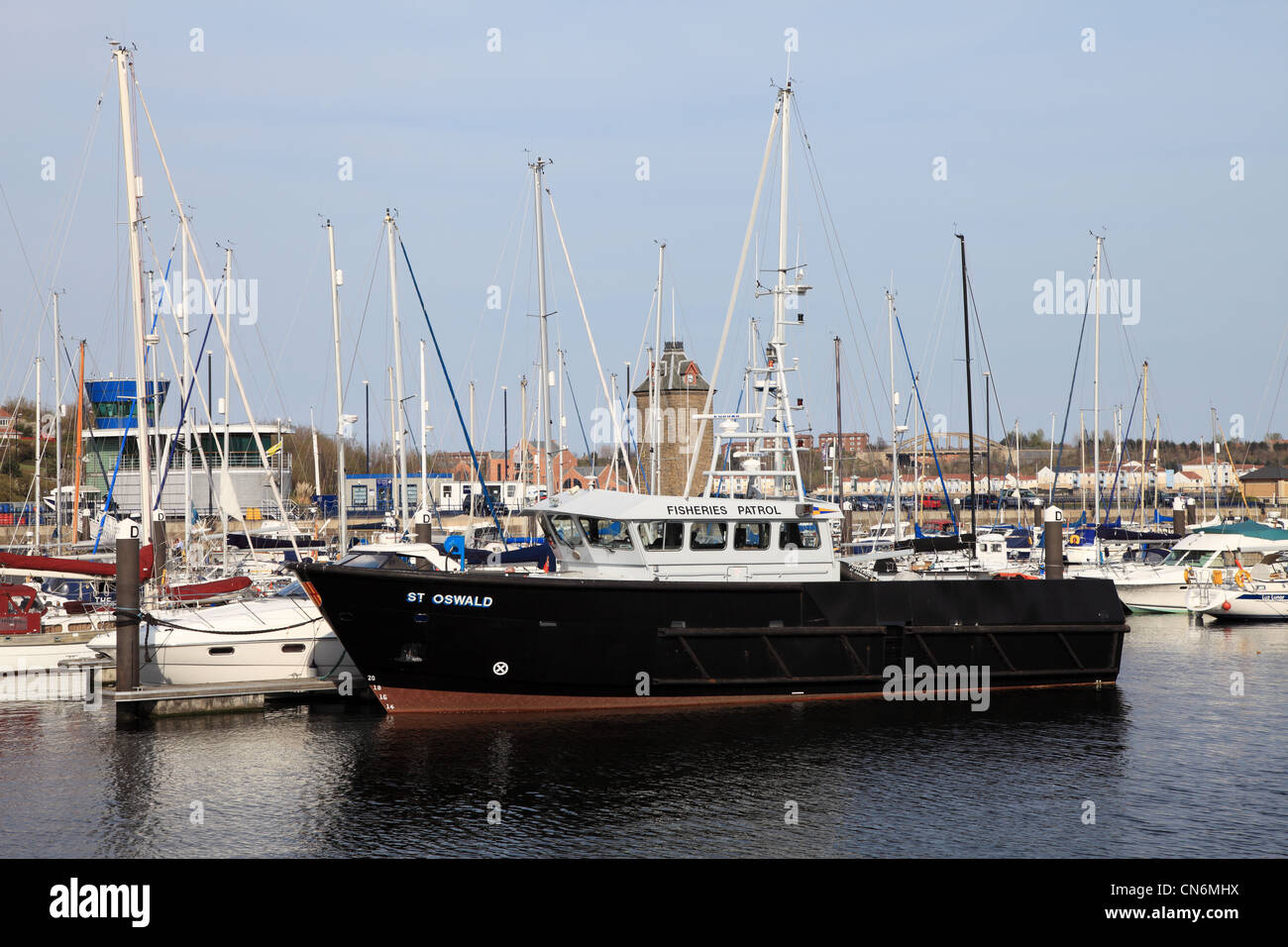 Fisheries Patrol Boat St Oswald moored at Royal Quays Marina, North Shields, NE England UK Stock Photo