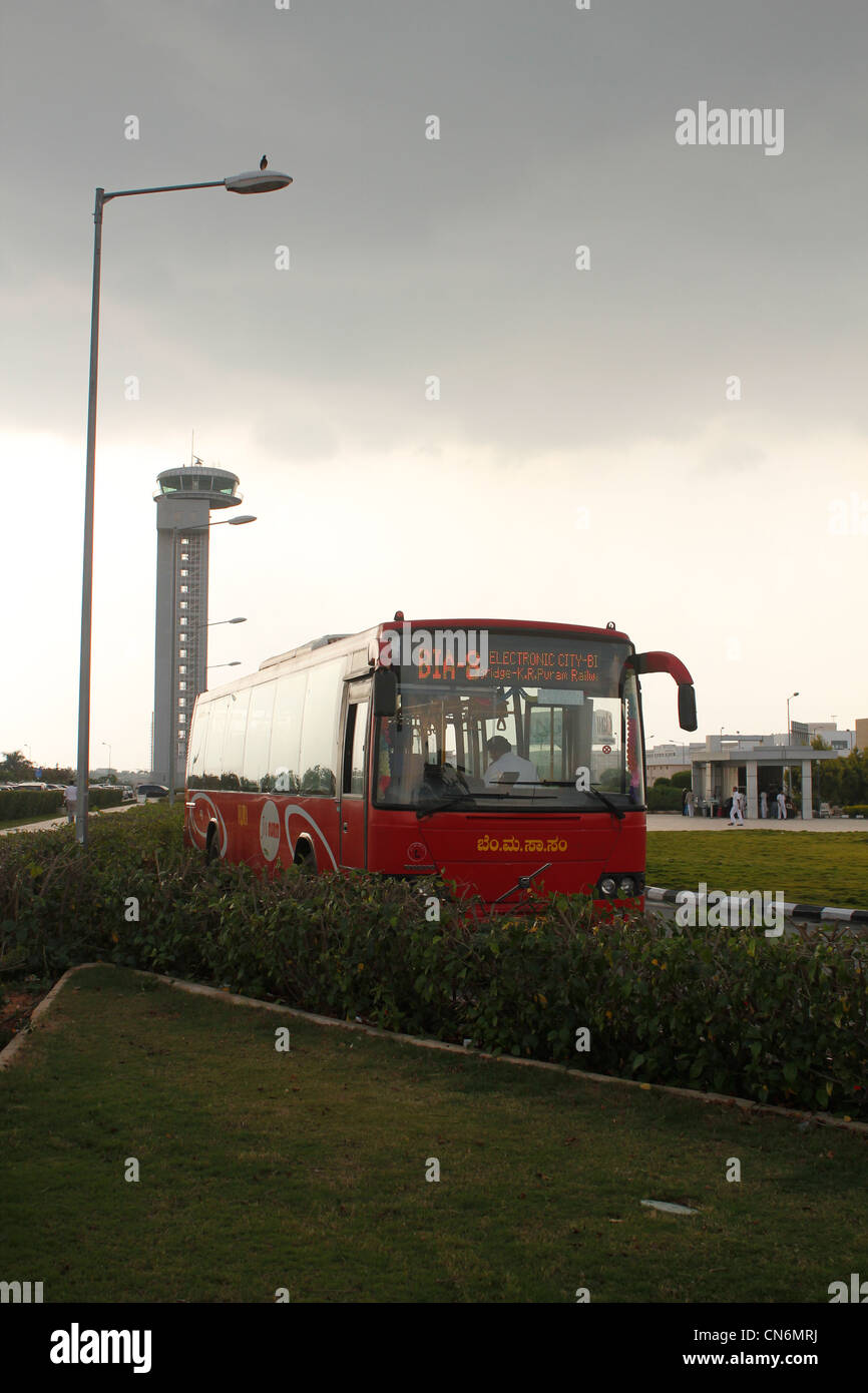 BMTC Vayu Vajra bus at Bus Parking facility in Bangalore International Airport located in Bangalore, Karnataka, India Stock Photo