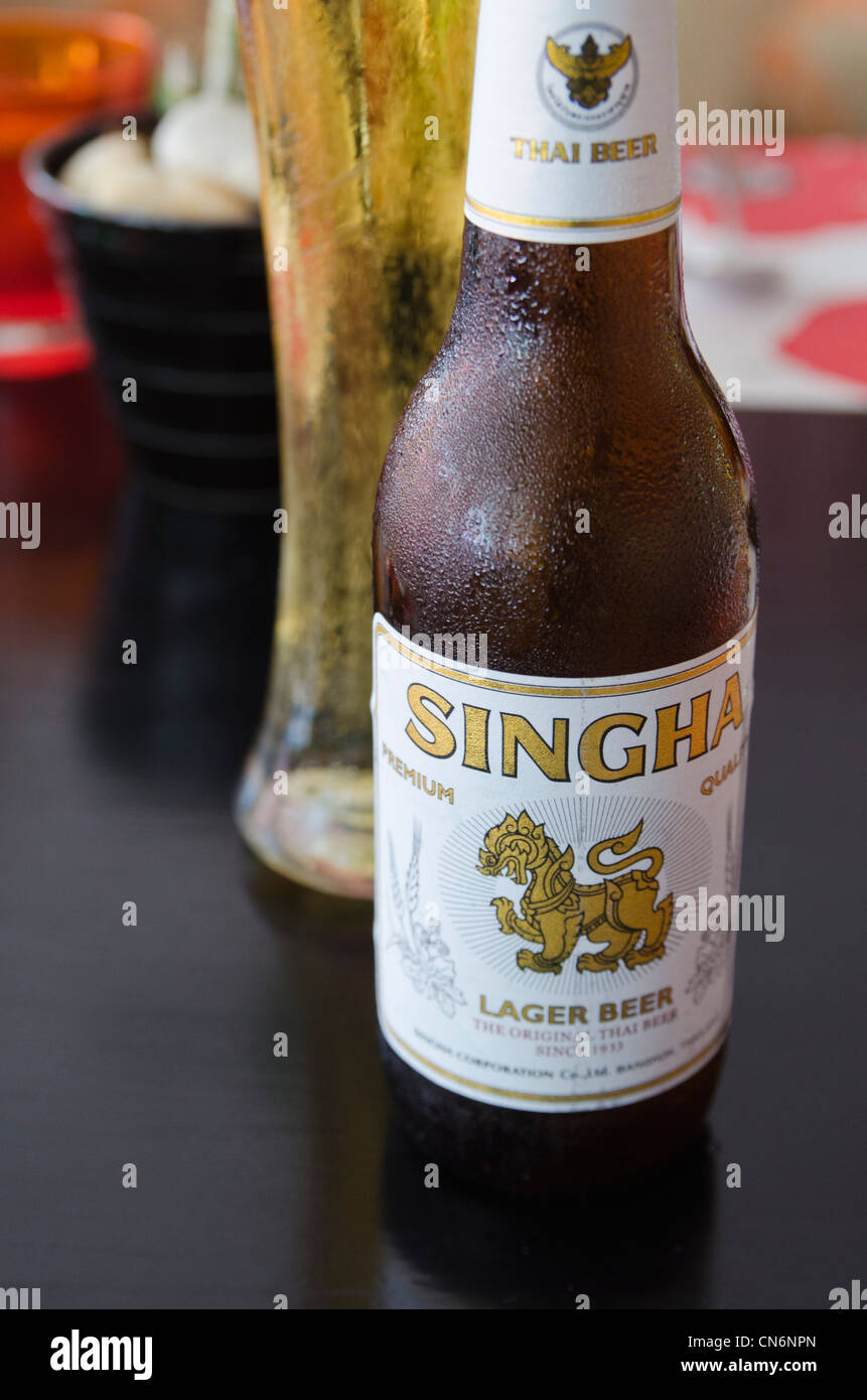 Singha beer bottle in Thailand Stock Photo