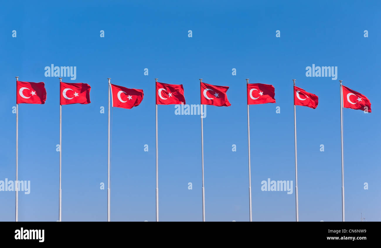 Line of turkish flags in blue sky Stock Photo Alamy
