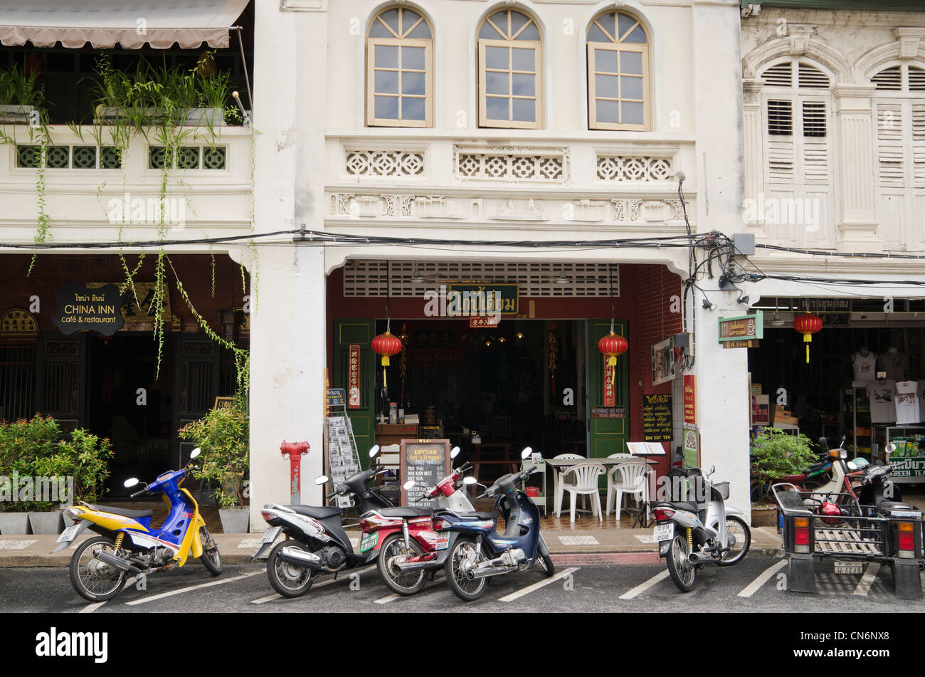 Cafe shophouses in Thalang Rd, Phuket Old Town, Phuket, Thailand Stock