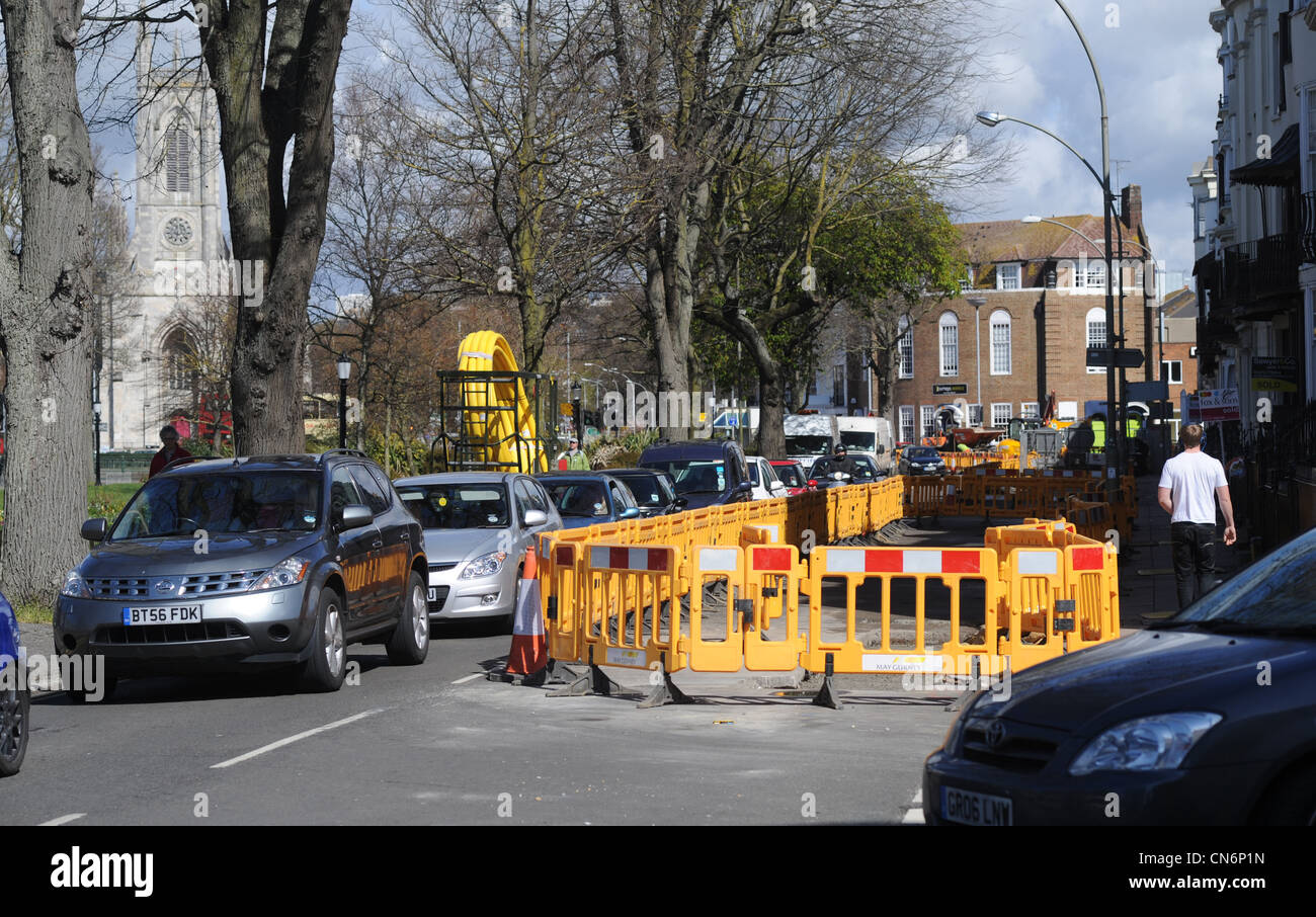 Roadworks in Brighton city centre UK causing traffic congestion Stock Photo