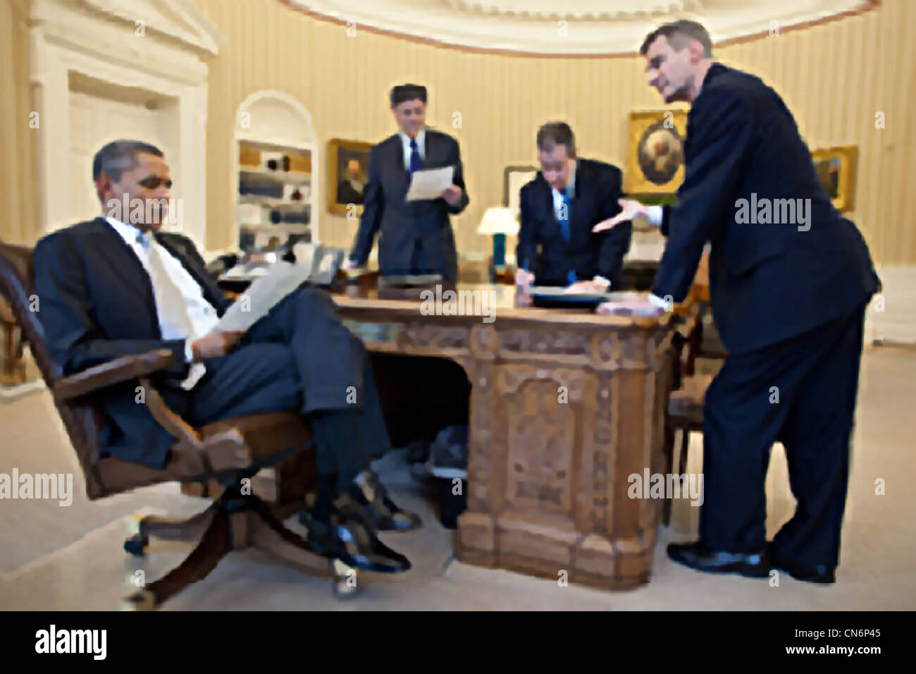 President Barack Obama meets with Chief of Staff Jack Lew, Gene Sperling, Director of the National Economic Council, and Alan Krueger, Council of Economic Advisers Chair, in the Oval Office, March 8, 2012 in Washington, DC. Stock Photo