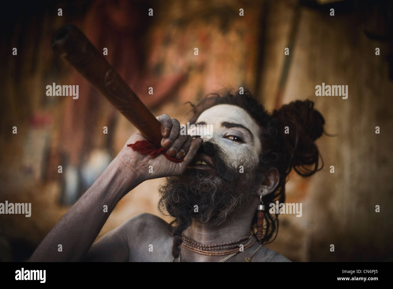 Balak Das Baba smoking chilum (clay pipe ) during Shivaratri festival at Pashupatinath , Kathmandu Stock Photo