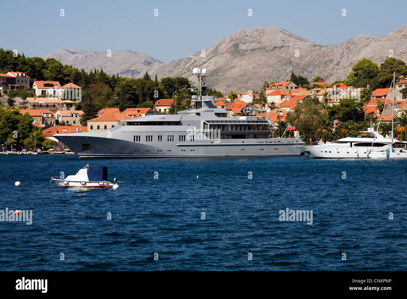 Motor Yacht Skat designed and built by  Lurssen of Bremen in port at Cavtat near Dubrovnik Dalamatia Croatia Stock Photo