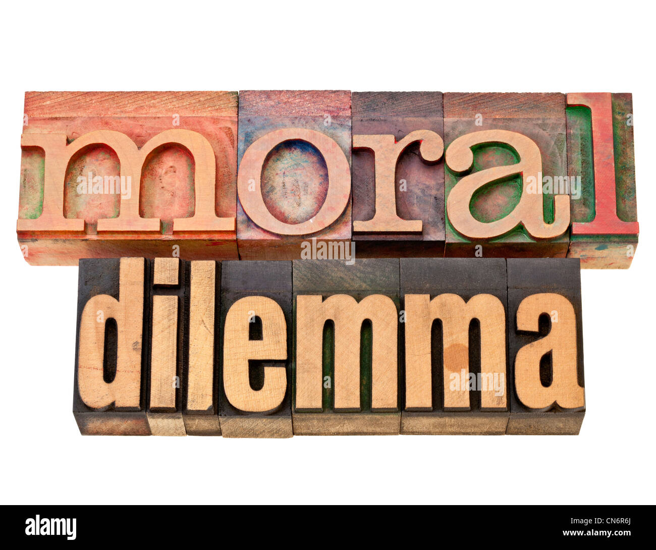 moral dilemma - ethics concept - isolated text in vintage letterpress wood type Stock Photo