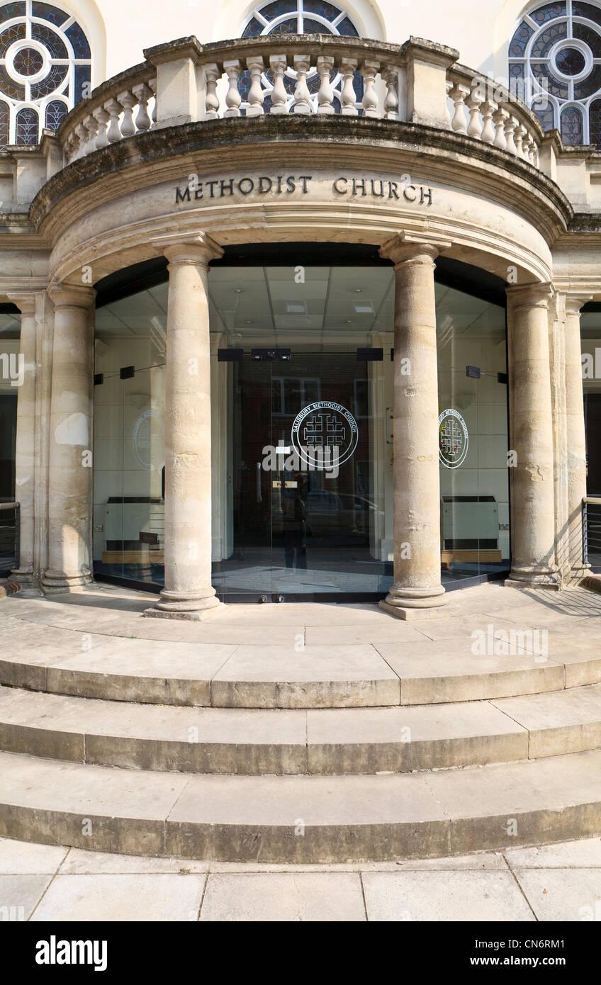 Methodist Church entrance with rounded steps pillars and glass doors UK