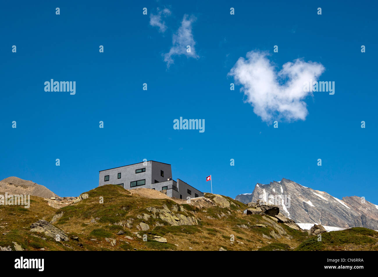 The modern mountain shelter Anenhuette in the valley Loetschental, Valais, Switzerland Stock Photo