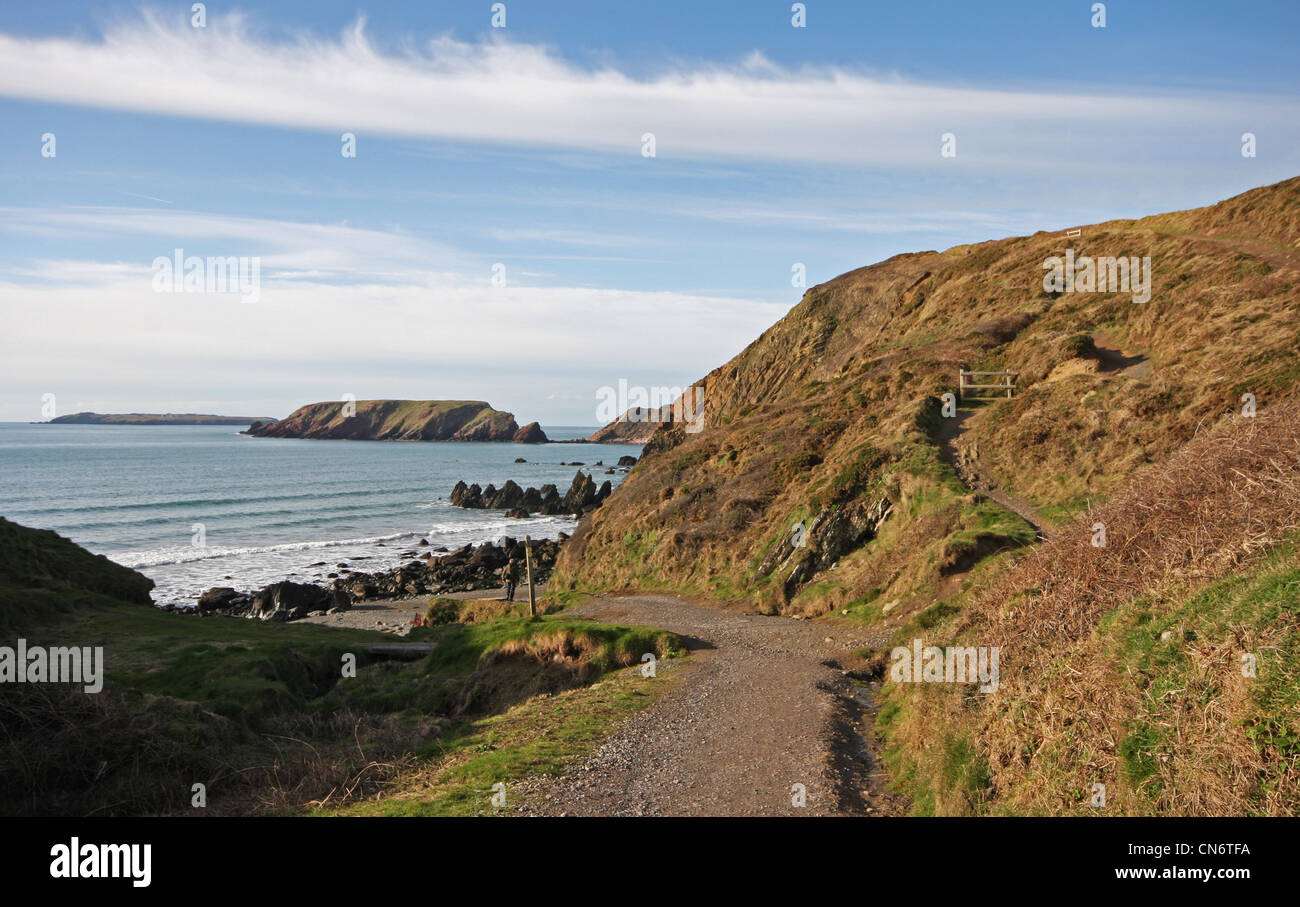 Pembrokeshire coast footpath down to Marloes Beach Pembrokeshire at high tide Stock Photo