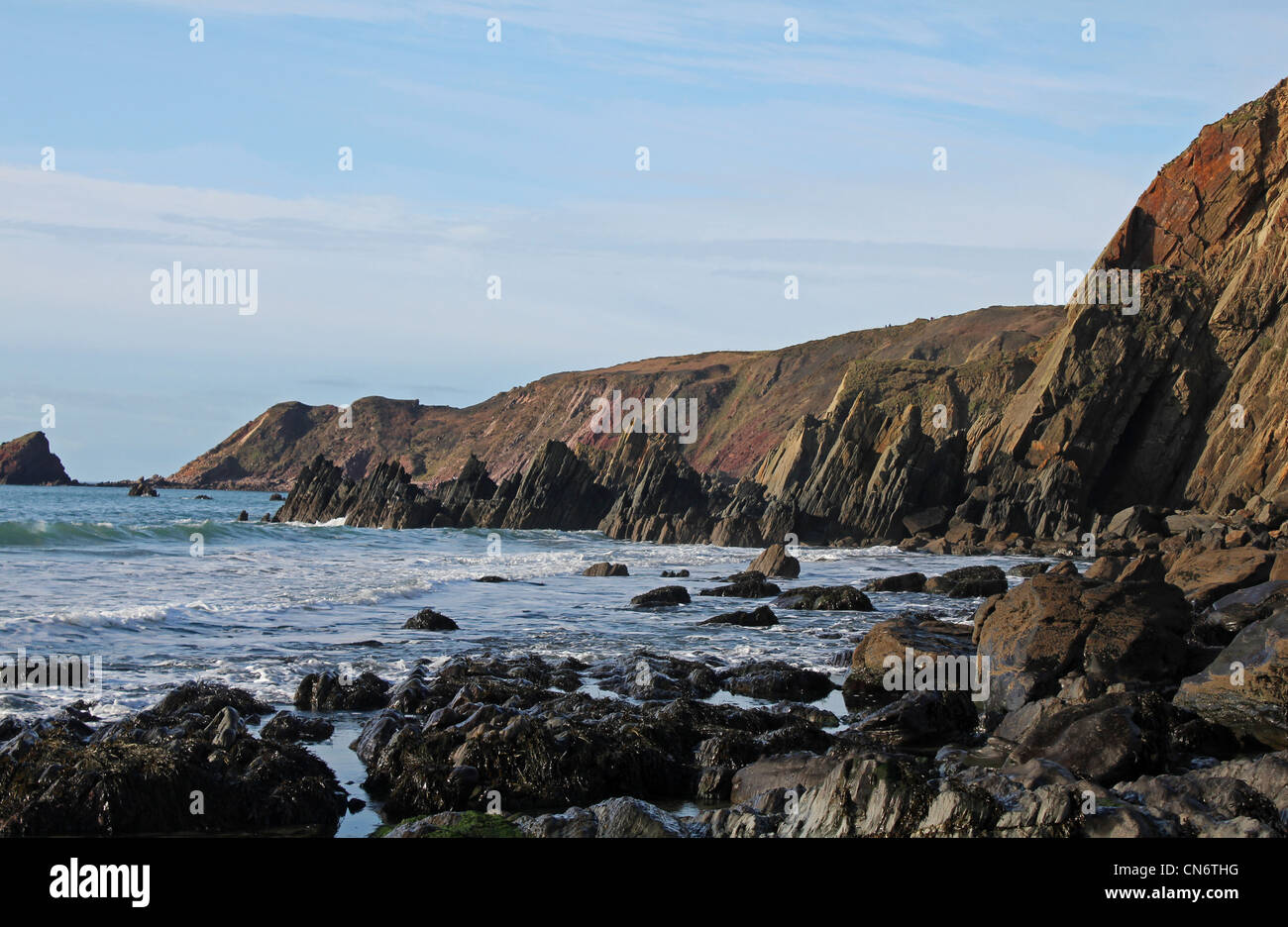 Rocks on Marloes Beach Pembrokeshire at high tide The coast footpath ...
