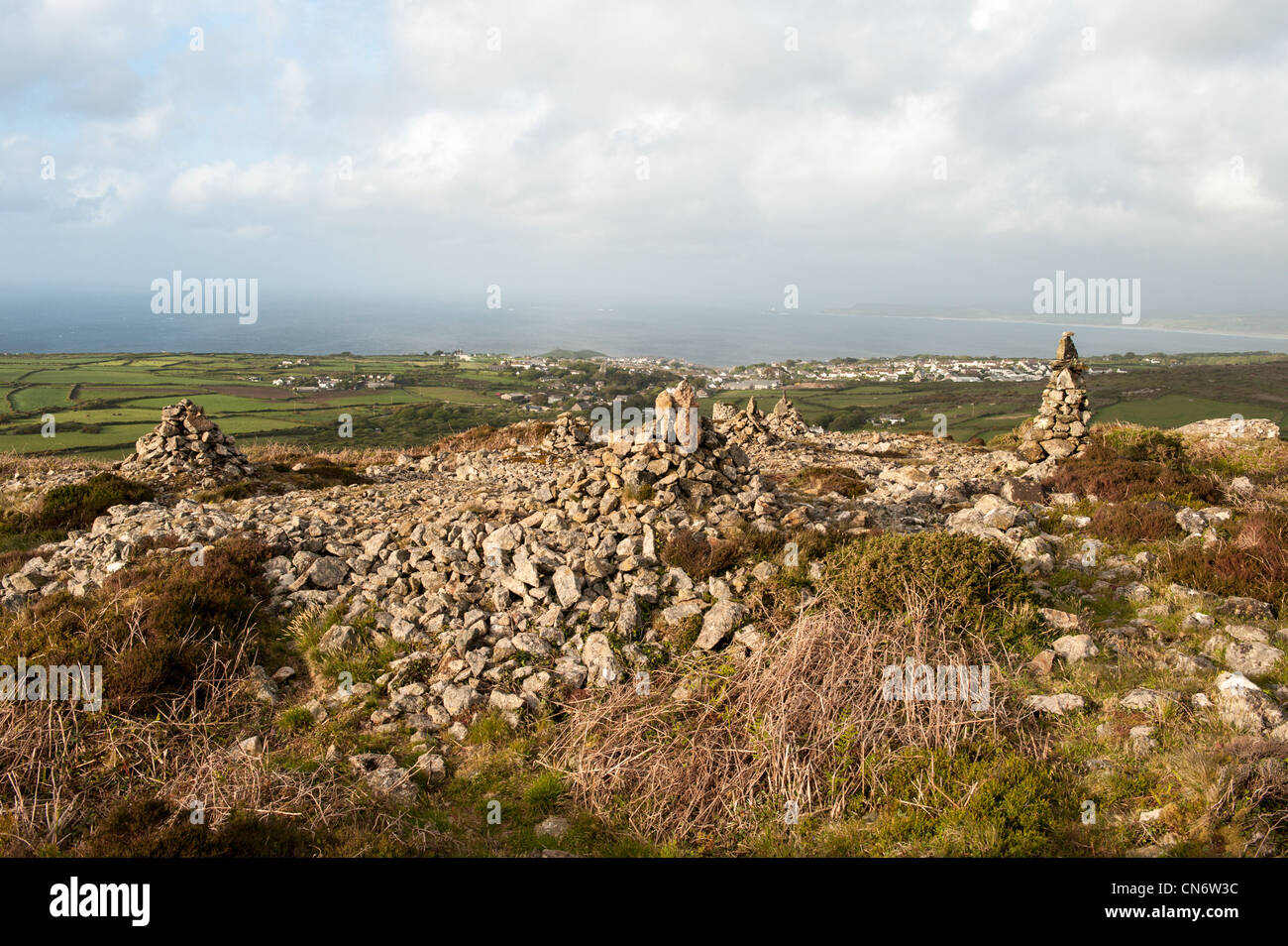 Boulders and rubble on the top of Rosewall Hill looking over to St Ives ,Cornwall,England Stock Photo