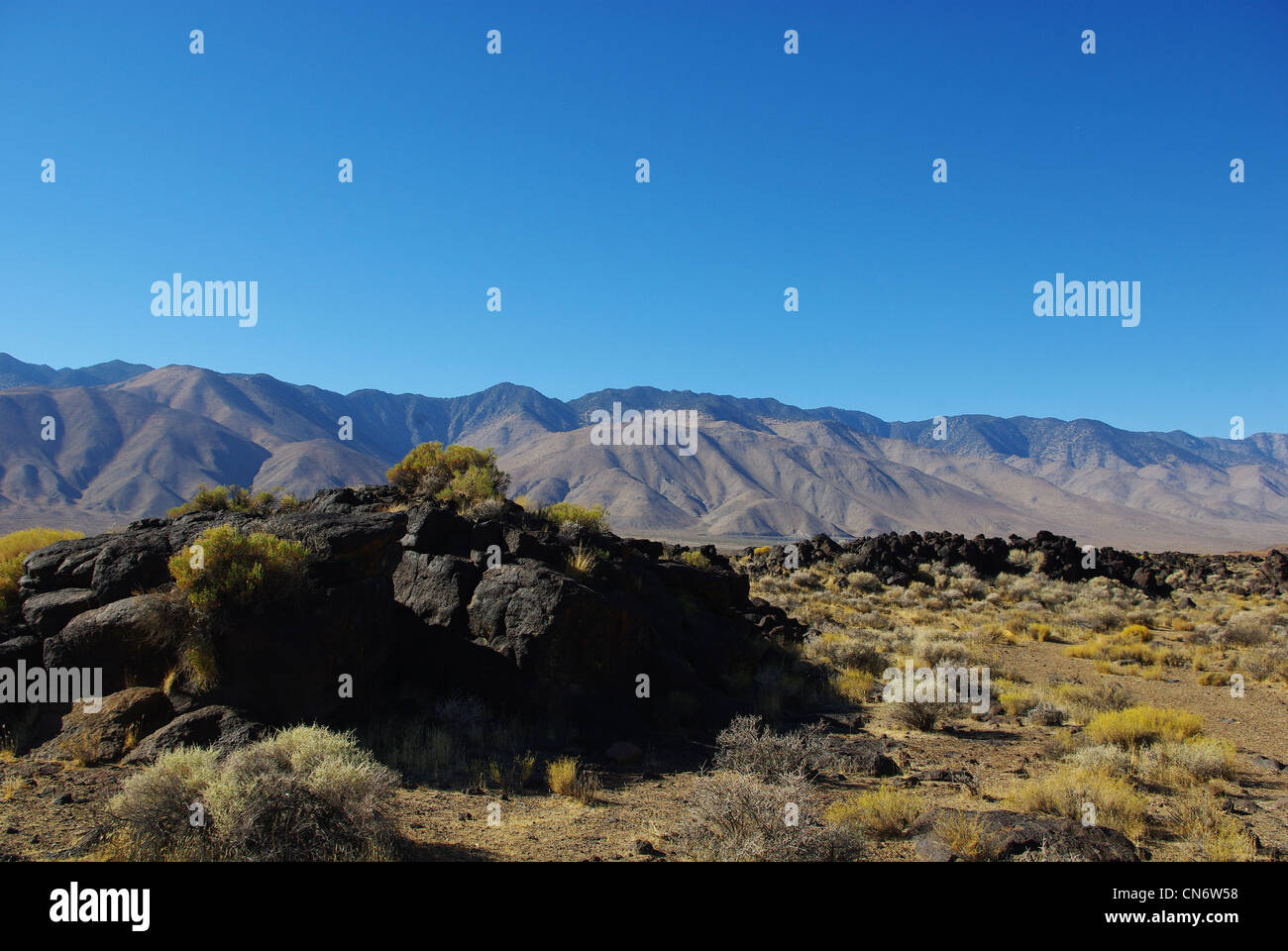 Black Rocks California Black rocks, mountains and blue sky, California Stock Photo - Alamy
