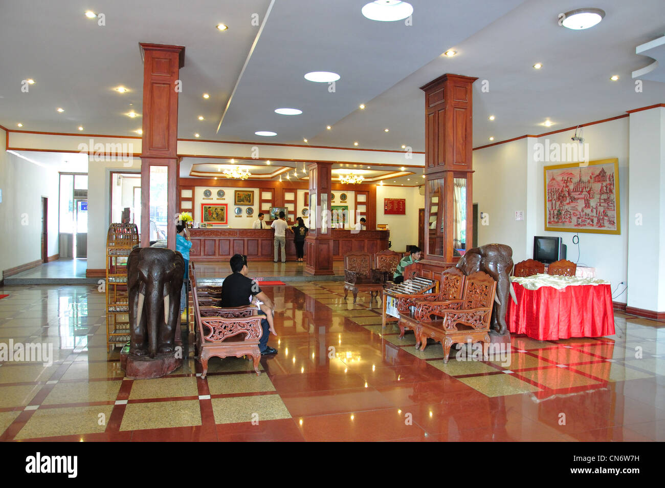Reception area at Lane Xang Hotel, Rue Pangkham, Vientiane, Vientiane Prefecture, Laos Stock Photo