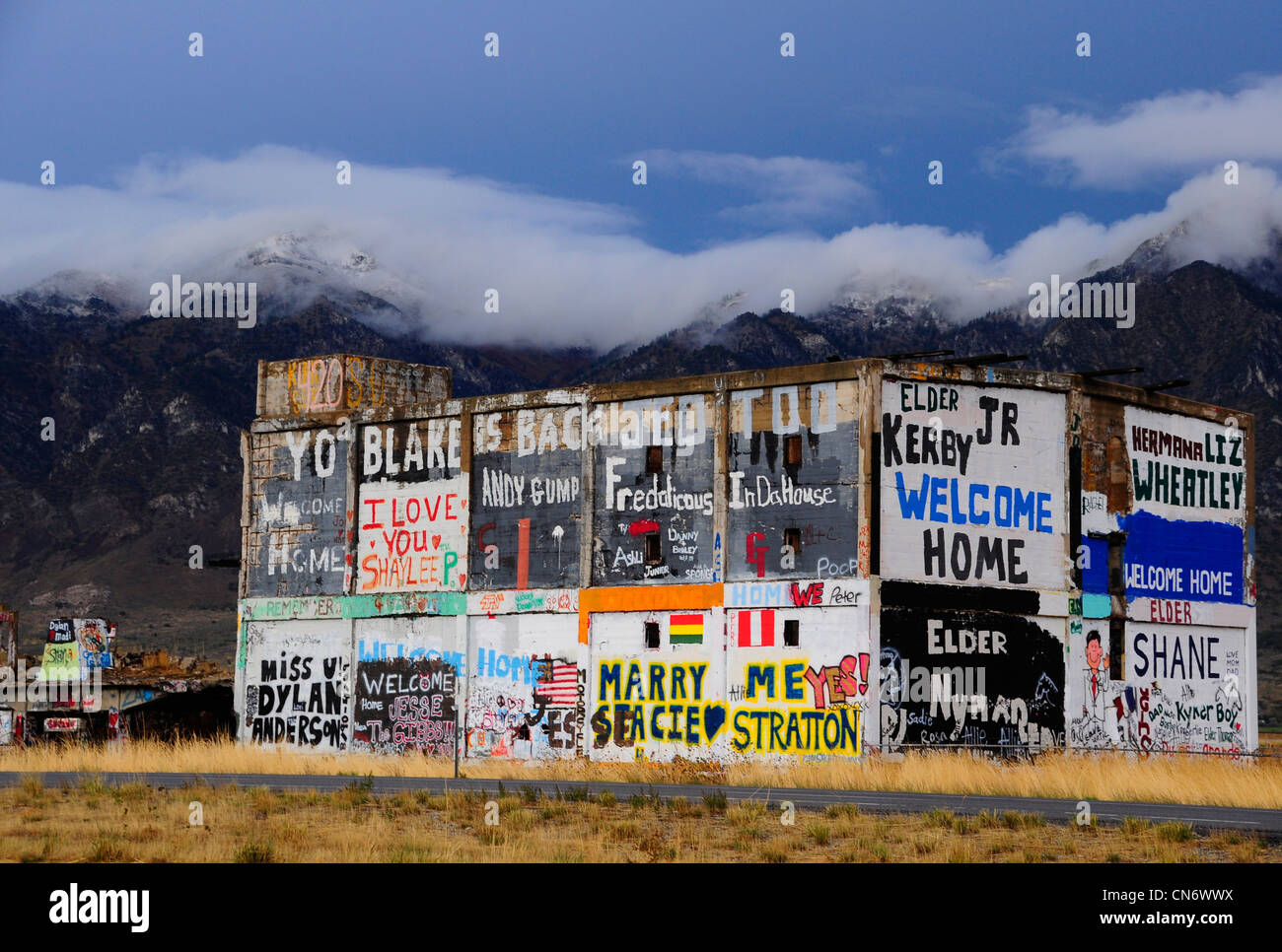 Graffiti on abandoned building along Interstate 15 in Northern Utah. Stock Photo
