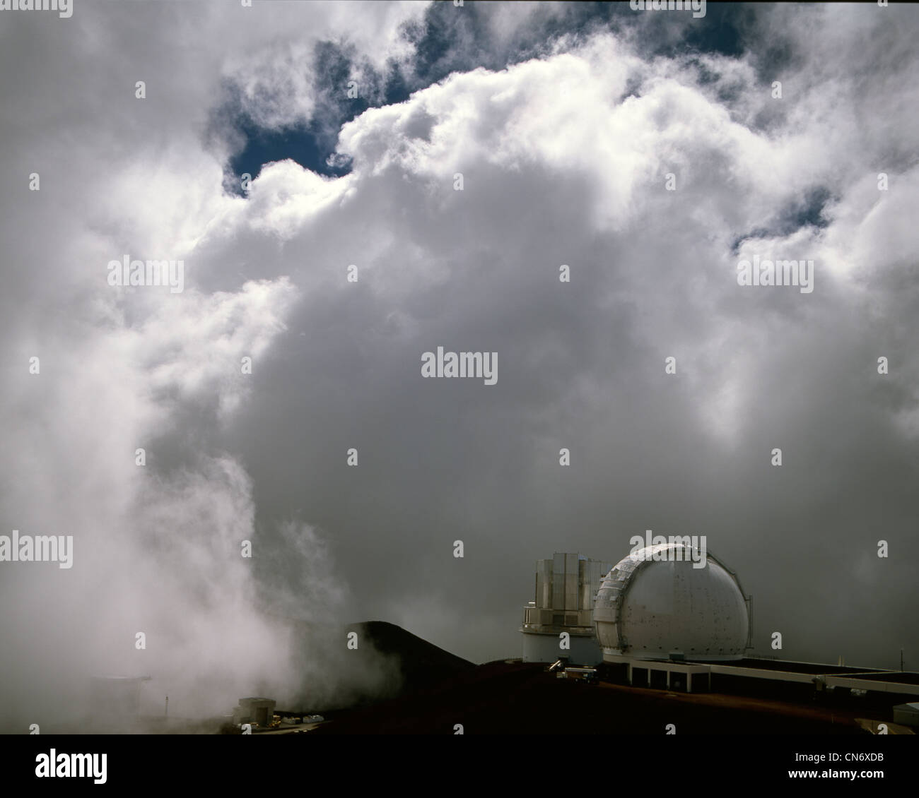 Keck Observatory and Subaru Telescope in the clouds on Mauna Kea summit