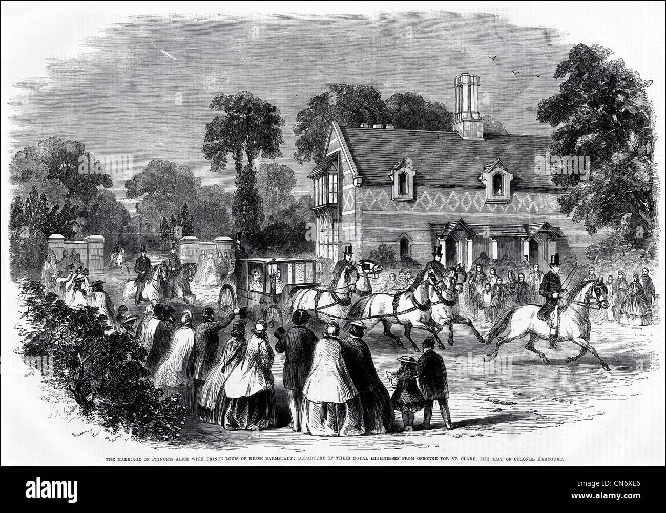 Princess Alice and Prince Louis of Hesse Darmstadt leave Osbourne House, Isle of Wight in horse and carriage after their marriage. Original Victorian engraving from dated 12th July 1862 Stock Photo