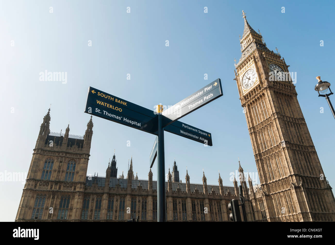 Low Angle Shot Of Big Ben In London With Directions Sign In The