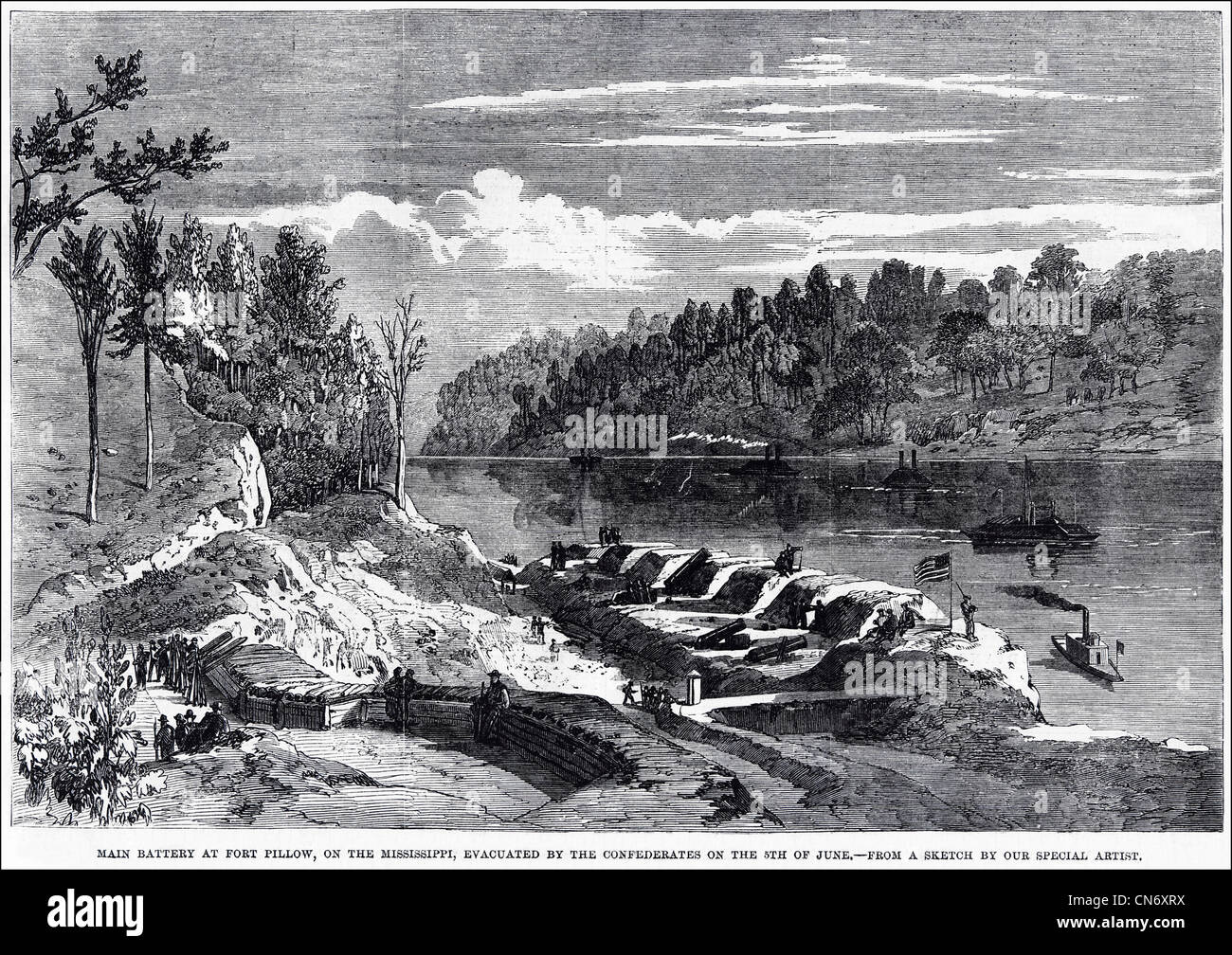 American Civil War 1861 - 1865 Fort Pillow on the Mississippi River after the evacuation by Confederate soldiers on the 5th June. Original Victorian engraving dated 12th July 1862 Stock Photo