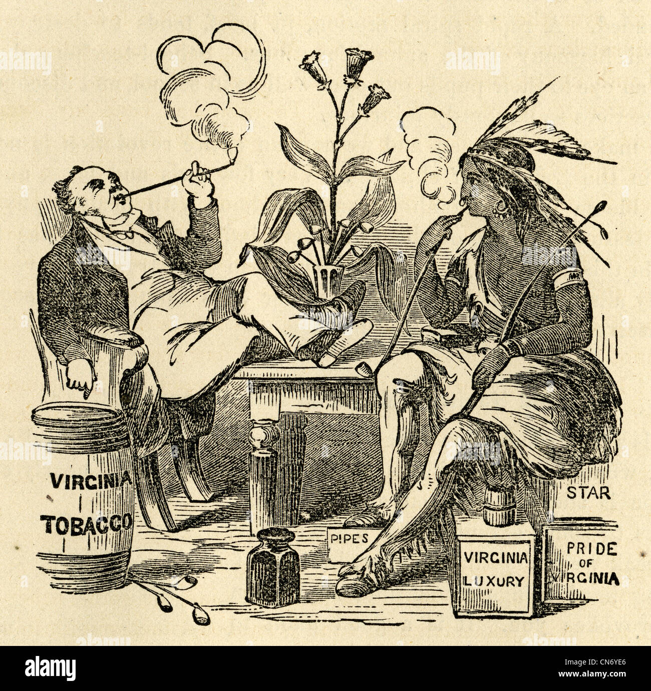 1871 engraving, A European Taking His First Lesson in Smoking. From Plain Home Talk and Medical Common Sense by Edward B. Foote. Stock Photo