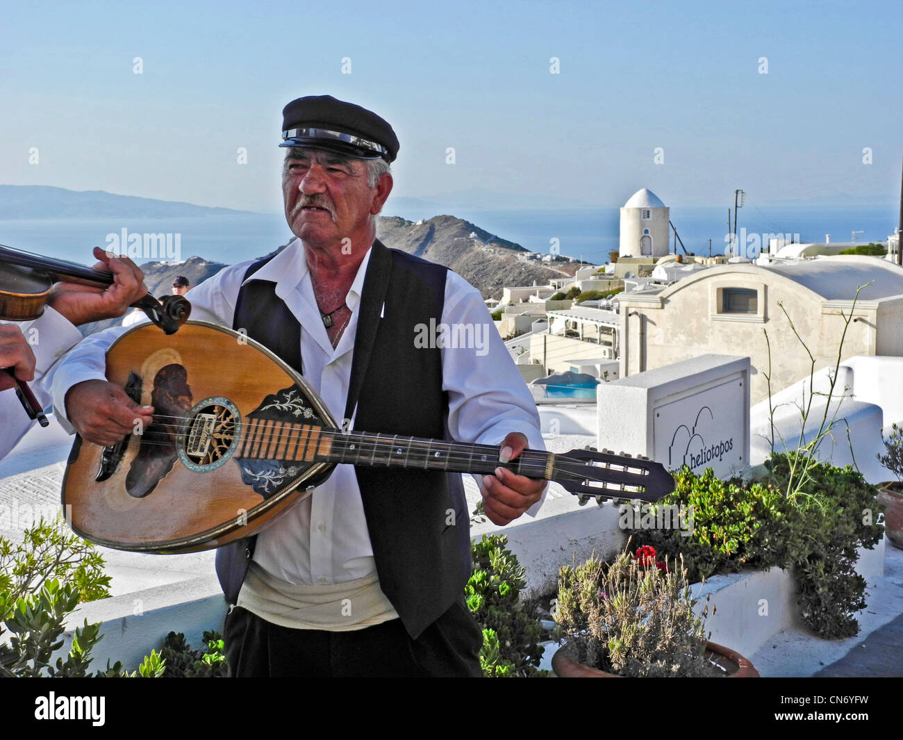 Europe Greece Cyclades islands Santorini Musician Stock Photo