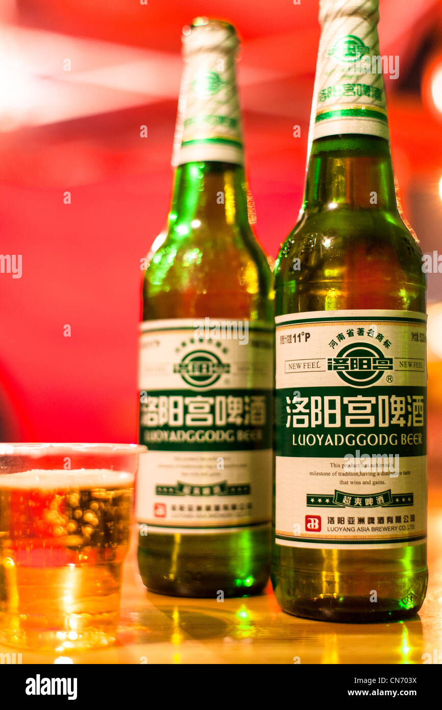 Two bottles of Luoyang Beer at a roadside restaurant in the Henan Province Stock Photo