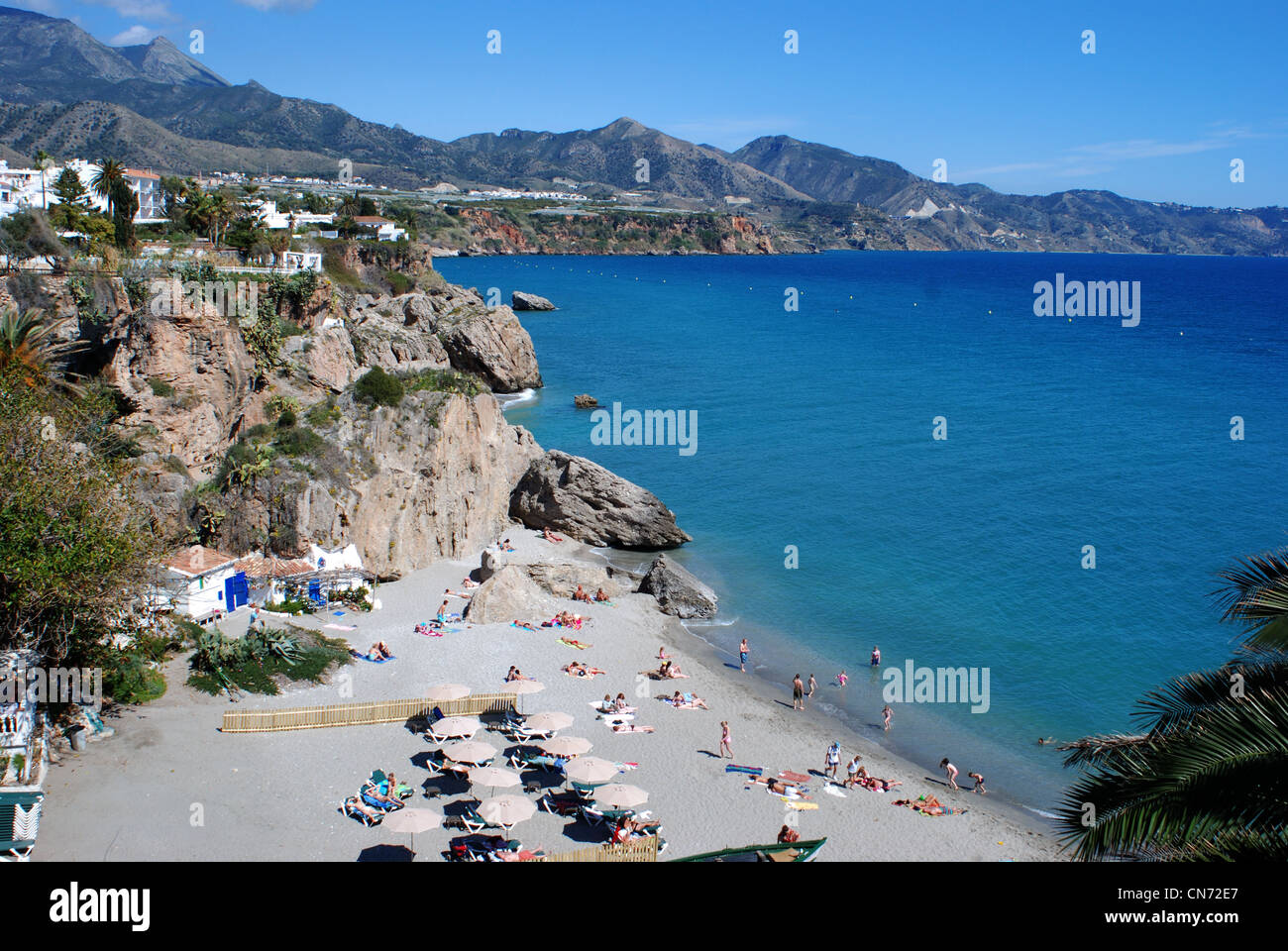 Fishermans Cove with views along the coastline, Nerja, Costa del Sol, Malaga Province, Andalucia, Spain, Western Europe. Stock Photo